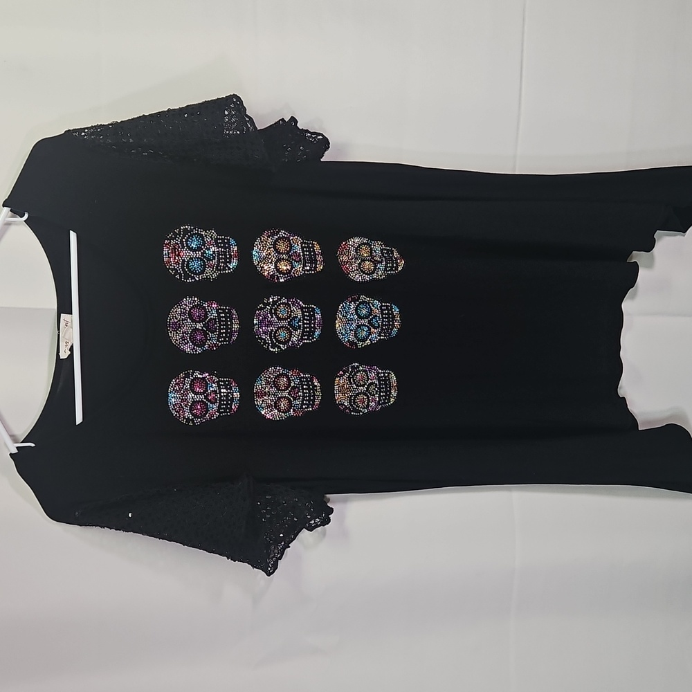 Song N Spirit Black Rhinetone Embellished Skull Top